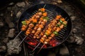 overhead view of shashlik skewers on grill over campfire