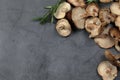 Overhead view of Shiitake Mushrooms on grey background Royalty Free Stock Photo