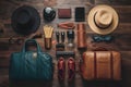 Overhead view showcases travelers accessories, essential for memorable journeys