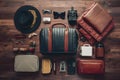 Overhead view showcases travelers accessories, essential for memorable journeys