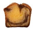 Overhead view of a slice of a freshly baked cinnamon marble pound cake