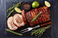 Overhead view of sliced roast pork Royalty Free Stock Photo