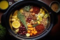 overhead view of slow cooker filled with soup ingredients