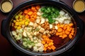 overhead view of slow cooker filled with soup ingredients