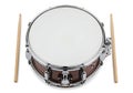 Overhead view of a snare drum with drumsticks on a white background Royalty Free Stock Photo