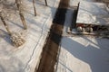 overhead view of a snow-covered driveway with path Royalty Free Stock Photo