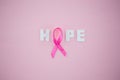 Overhead view of spotted Breast Cancer Awareness ribbon with HOPE text