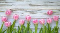 Overhead view of a springtime pink tulips on white weathered wooden boards, top view