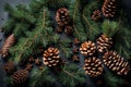 Overhead view on spuce and thuja branches with cones, Christmas background.