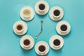 Overhead view of the steps in drinking a cup of fresh espresso. Coffee clock. Art food. Good morning concept. Toned Royalty Free Stock Photo