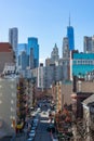 Overhead view of a Street in Two Bridges of New York City with the Lower Manhattan Skyline in the distance