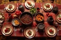 overhead view of a table set with bowls of chili