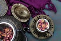 Overhead view of a tea cup of Rose tea with rose petals Royalty Free Stock Photo
