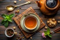 Overhead view of tea set with mint and sugar cubes 1 Royalty Free Stock Photo