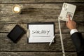 Overhead view of telephone operator making survey on the phone Royalty Free Stock Photo