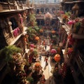 An overhead view of a temple or other religious site adorned with colorful flowers, banners, and d