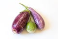 Overhead view of Thai and Dominican eggplants Solanum melongena