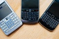 Overhead view of three modern smartphones telephones manufactured by Nokia and Royalty Free Stock Photo