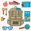 Overhead view of Traveler accessories, Essential vacation items, Travel concept.Vector illustration