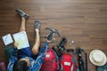 Overhead view of traveler man plan and backpack planning vacatio Royalty Free Stock Photo
