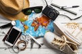 Overhead view of Traveler`s accessories, Essential items of traveler Royalty Free Stock Photo