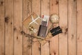 Overhead view of Traveler`s accessories Essential vacation items, and Different objects on wooden background. Travel concept Royalty Free Stock Photo