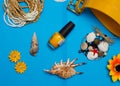 Overhead view of Traveler's accessories, Essential vacation items, Summer concept background Royalty Free Stock Photo