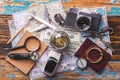 Overhead view of Traveler`s accessories, Essential vacation items, Travel concept background Royalty Free Stock Photo