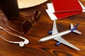 Overhead view of Traveler`s accessories, Essential vacation items, Travel concept background - Image Royalty Free Stock Photo