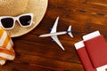 Overhead view of Traveler`s accessories, Essential vacation items, Travel concept background - Image Royalty Free Stock Photo