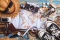 Overhead view of Traveler`s accessories, Essential vacation items, Travel concept background