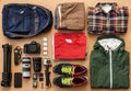 Overhead view of traveler`s accessories, essential vacation items, travel concept background