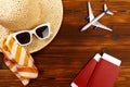 Overhead view of Traveler`s accessories, Essential vacation items, Travel concept background - Image Royalty Free Stock Photo