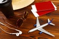 Overhead view of Traveler`s accessories, Essential vacation items, Travel concept background - Image Royalty Free Stock Photo