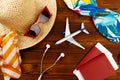 Overhead view of Traveler`s accessories, Essential vacation items, Travel concept background - Image Royalty Free Stock Photo
