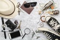 Overhead view of Traveler`s accessories, Essential vacation items, Travel concept background Royalty Free Stock Photo