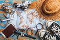 Overhead view of Traveler`s accessories, Essential vacation items, Travel concept background Royalty Free Stock Photo