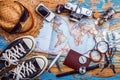 Overhead view of Traveler`s accessories, Essential vacation items, Travel concept background Royalty Free Stock Photo