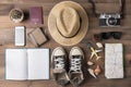 Overhead view of Traveler`s accessories and items, Travel concep Royalty Free Stock Photo