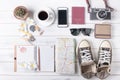 Overhead view of Traveler`s accessories and items, Travel concep Royalty Free Stock Photo