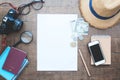 Overhead view of traveler`s accessories, Travel concept, planning sheet Royalty Free Stock Photo