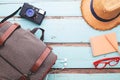 Overhead view of traveler`s accessories, Vacation items, Travel Royalty Free Stock Photo