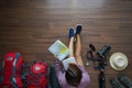 Overhead view of traveler woman plan and backpack planning Royalty Free Stock Photo