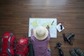 Overhead view of traveler woman plan and backpack planning Royalty Free Stock Photo