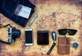 Overhead view of Traveler& x27;s accessories, Essential vacation item Royalty Free Stock Photo