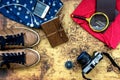 Overhead view of Traveler accessories, Essential vacation item Royalty Free Stock Photo