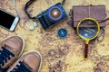 Overhead view of Traveler accessories, Essential vacation item Royalty Free Stock Photo