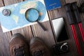 Overhead view of Traveler's accessories, Essential vacation items, Travel concept background. Royalty Free Stock Photo