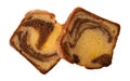 Overhead view of two slices of a freshly baked cinnamon marble pound cake Royalty Free Stock Photo