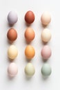 Overhead view of variety of multicolored eggs on white background. Easter Card